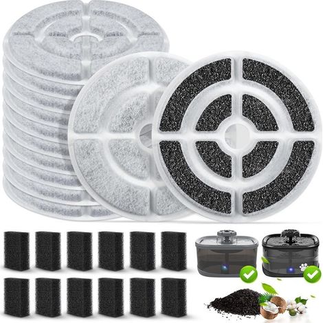 Lot de 24 filtres à charbon actif et éponges pour fontaine à eau pour chien 9,5 L (12 filtres + lot de 12) (1/5)