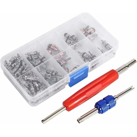 102pcsNoyaux de Valve de Climatiseur Kit Assortiment A/C R134a / R12 Rfrigration Tire Valve Stem Cores Tool Kit (1/4)