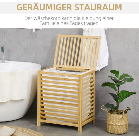 Panier à linge en bambou avec sac amovible imperméable, couleur naturelle et beige, résistant, pour salle de bain