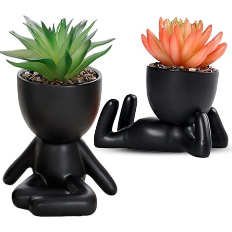 2er-Pack Sukkulenten-Kaktuspflanzen, schwarze Keramik-Sukkulenten, niedliche kleine künstliche Bonsai-Blumen im Topf für Büro- und Wohnzimmerdekoration