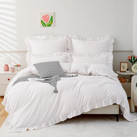 Parure de lit à volants 135 x 200 cm pour fille - En microfibre 120 g - Housse de couette douce et blanche avec fermeture éclair - Taie d'oreiller de 80 x 80 cm (1/5)