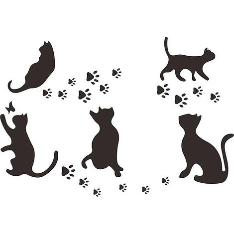 Ensemble d'autocollants muraux amovibles représentant des chats noirs et des empreintes de pattes de chats, décoration murale pour salon, chambre, couloir, réfrigérateur (1/5)