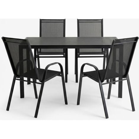 ORION91oficial® - Conjunto Mesa y 4 Sillas de Jardín Mesa: Aluminio y Madera Artificial A80 x L140 x A74 cm Silla: Acero y Textilene Apilable - spaziORION91 - Set Mesa + 4 Sillas (1/5)