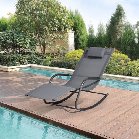 Lettino Prendisole a Dondolo con Cusicno Rimovibile per la Testa Sedia a Sdraio Oscillante per Giardino/Balcone Gambe e Braccioli Rivestiti in Gomma Antischivolo - Grigio Scuro (1/5)