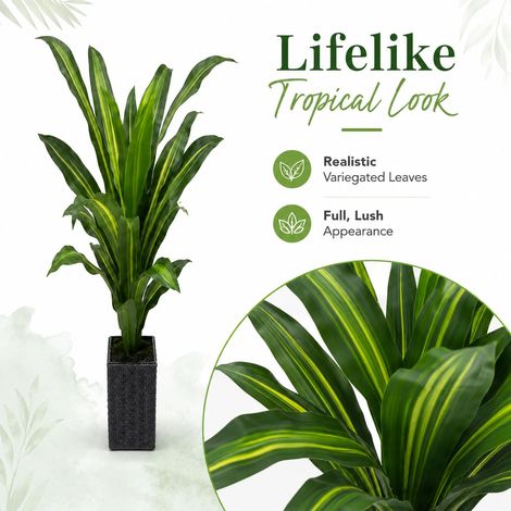 Ficus lyre artificiel – Ficus lyrata très réaliste avec pot en rotin et tronc en bois, 95 cm, 22 feuilles, sac de galets jaunes inclus (1/5)