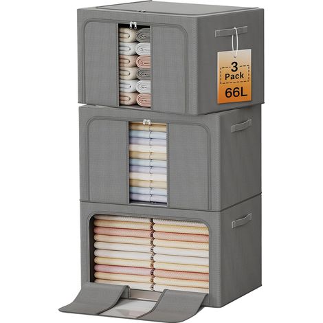 Bacs de rangement pour vêtements avec cadre métallique, organiseurs de vêtements pliables, conteneurs de rangement pour vêtements, draps, couvertures, oreillers et serviettes (66L, lot de 3, gris fonc (1/5)
