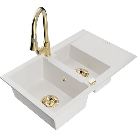 Mexen Gaspar lavello in granito semi-integrato con sgocciolatoio e miscelatore cucina Elia, bianco - 6507-20-670101-50 (1/5)