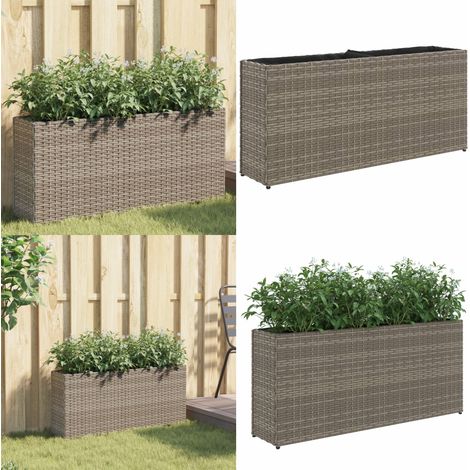 Jardinière avec 2 pots gris 90x20x40 cm résine tressée - Jardinière en acier - Jardinière décorative (1/5)