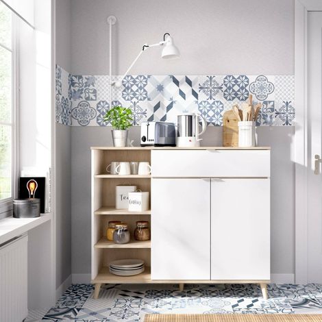 Dmora - Buffet Sumbra, Buffet de garde-manger de salon, Buffet de salon moderne avec 2 portes, 120x40h102 cm, Blanc et Chêne, avec emballage renforcé (1/5)