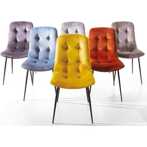 Chaise design velours capitonné et métal noir Karaz - Lot de 4-Beige clair (1/5)