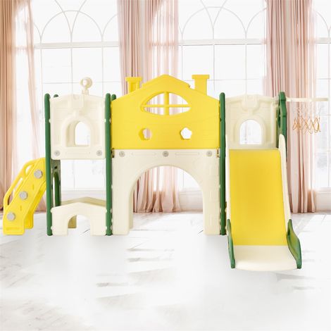 7-in-1 Kinder-Spielanlage, mit Rutsche, Gang, Treppe, Basketballkorb, Teleskop, Einzelrutschen-Kombi für Kinder Dream City, Grün