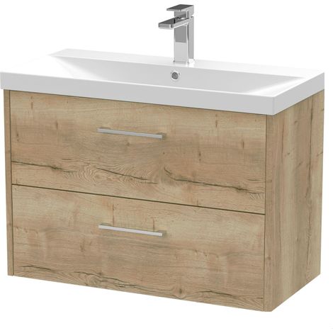 Winshill Contemporary 2 Drawer Wall Hung Vanity Unit with Thin Edge Basin, Light Oak, 800mm