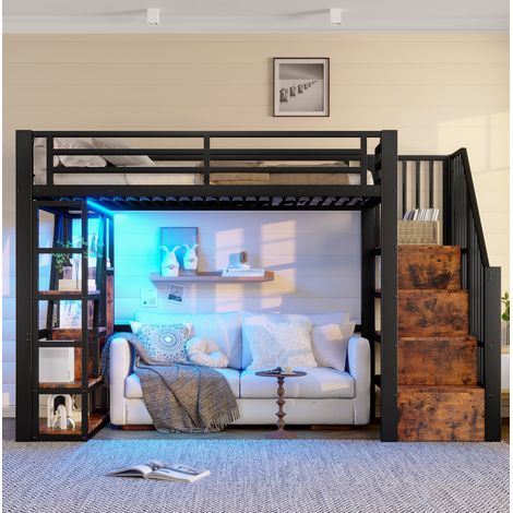 Letto a soppalco per bambini 90x200 cm in metallo e MDF nero con LED - MEUBLIV (1/5)