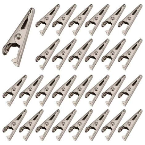 100 unidades de pinzas de cocodrilo mini, 27 mm, de metal con acabado de níquel y resorte, para pruebas electrónicas. (1/4)