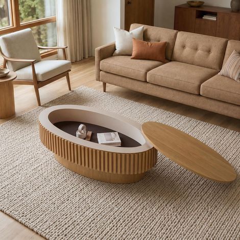 Tavolino da salotto - 98 x 60 x 35 cm - contenitore nascosto, piano rimovibile, design scanalato ovale - stile moderno - mdf impiallacciato legno massello - naturale (1/5)