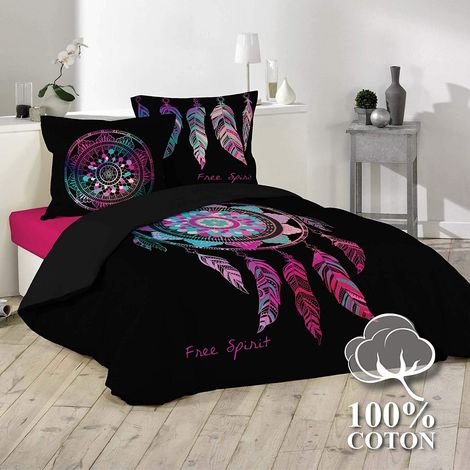Housse de couette imprimé 260 x 240 cm 100% coton 42 fils + 2 taies Porte bonheur (1/3)
