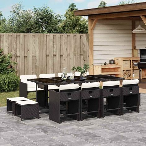 Ensemble repas de jardin 13 pièces en résine tressée noir avec coussins, table 220 x 106 cm - PANGIVO (1/5)