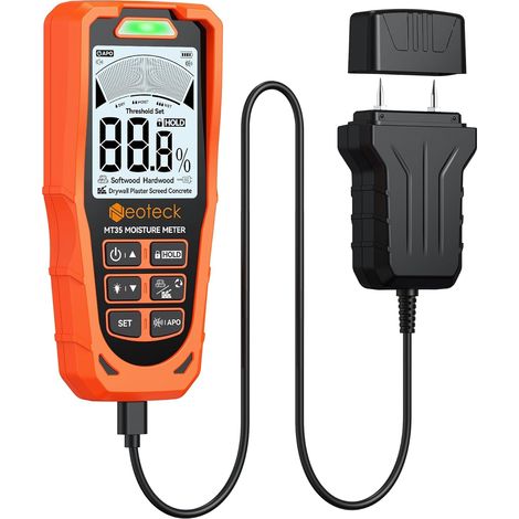 Misuratore di umidità 2 in 1 con sonda e senza sonda – Rilevatore di umidità per pareti e legno, schermo LCD a colori, avviso acustico/visivo, misura l'umidità di gesso, cemento, intonaco e massetto p (1/5)