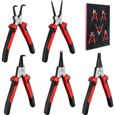 Lot de 5 pinces à circlips internes/externes de 17,8 cm avec pince droite, courbée à 90° et anneau de verrouillage à pointe de drapeau, acier CRV forgé, pour automobile (1/5)