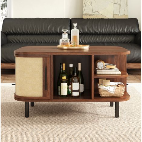 Mesa de centro 80x60x47 cm nogal MDF con almacenamiento lateral y estantes abiertos (1/5)
