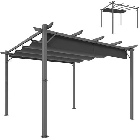 3x3 m große Gartenpergola mit einziehbarem Dach, UPF30+ Sonnenschutz, Entwässerung und dunkelgrauem Aluminiumrahmen für die Terrasse