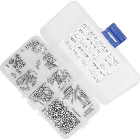 Kit de 300 vis et écrous hexagonaux M2 à tête fraisée en acier inoxydable (1/5)