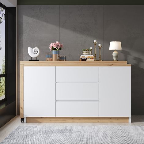 Schreibtisch 120x50x76.5 cm Weiß/Eiche aus Spanplatte drehbar klappbar mit 2 Türen, 3 Schubladen und Rollen (1/5)