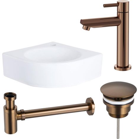 QeramiQ Fuente ensemble de lavabo - 30x30x10cm - 1 trou de robinet - d'angle - céramique - robinet de lavabo cuivre - blanc brillant