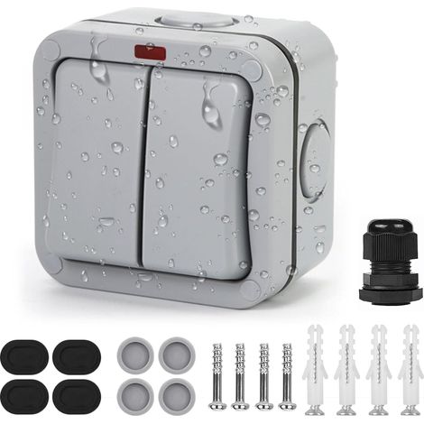 Interrupteur d'éclairage extérieur résistant aux intempéries Interrupteur universel 20 A IP66 Interrupteur double avec interrupteur indépendant à la poussière et témoin lumineux - Pour extérieur, jar (1/5)