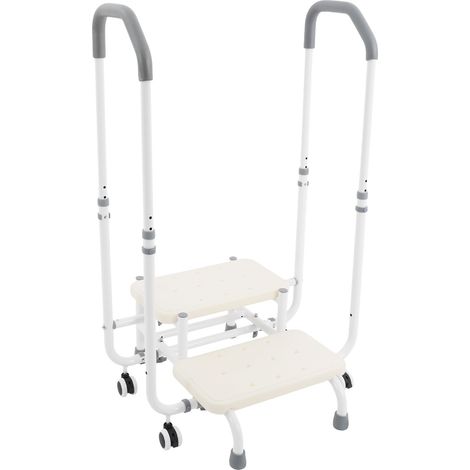 Escalera de baño con asidero para personas mayores – regulable en altura en 5 posiciones (94,5–104,5 cm) – taburete de 2 peldaños – 136 kg, ruedas – antideslizante para la bañera y la cocina – blanco (1/5)