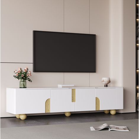 Mobile TV bianco da 180 cm, 4 ante, finitura effetto marmo, gambe in legno HAVRYA (1/5)