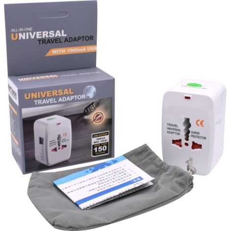 Universal-Reiseadapter mit 4 Steckern (AU/GB/US/EU) und 2 USB-Anschlüssen, Weiß, ABS, 74 x 50 x 40 mm, 1 Stück + Tasche (1/4)