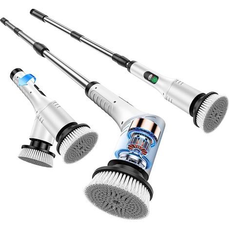 Brosse Electrique Nettoyage Rotative, Brosse de Nettoyage sans Fil avec 9 Têtes de Brosse Remplaçables, IPX7 Étanche, 2 Vitesses, pour Salle Bain Cuisine Electric Spin Scrubber (Blanc) (1/5)