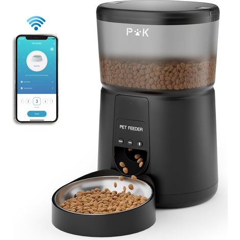 Futterautomat 4 L 2,4-G-WLAN-Futterspender für Katzen und Hunde, verbundene App, 10-s-Sprachaufzeichnung, 1–10 Mahlzeiten pro Tag (Schwarz)