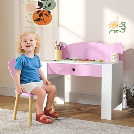 CHICFURN Scrivania per bambini con sedia 80x41 cm in legno rosa con cassetto da 3 anni (1/5)