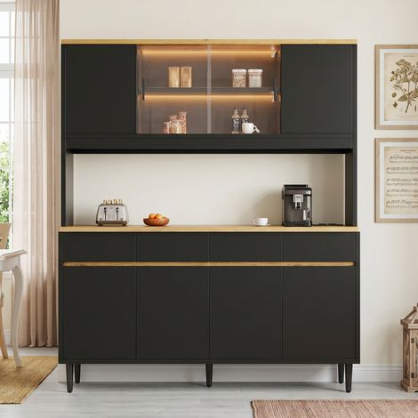 Buffet haut de cuisine 160x40x185cm avec plan de travail,LED multicolore,prises secteur USB-A et USB-C et portes vitrées,noir et chêne (1/5)