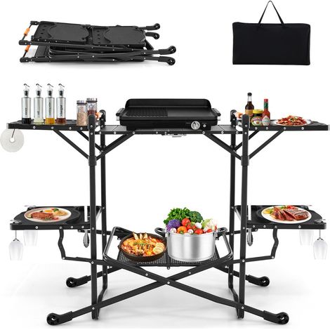Tavolo da campeggio pieghevole 135 x 54 x 88 cm con 4 tavolini laterali design moderno e borsa per il trasporto in alluminio nero 200013907