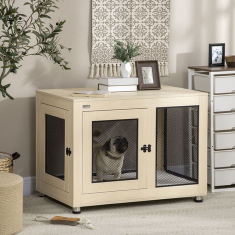 Gabbia/box per cani, design moderno, con serratura, 2 sportelli, 94 cm x 60 cm x 71,5 cm, naturale + nero