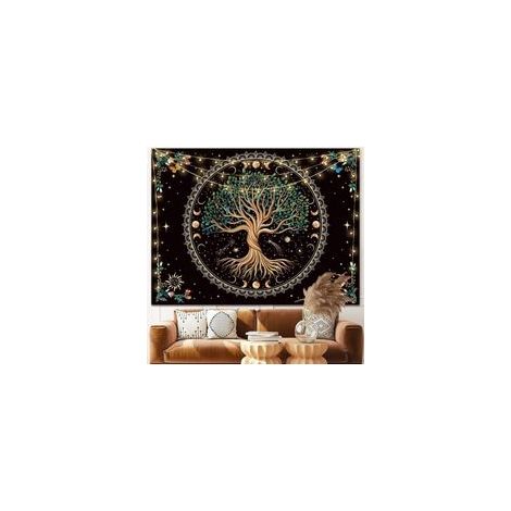 Tapisserie motif phases de la lune, arbre de vie, fleur, plante, papillon, style bohème, mandala, spirituel, tenture murale pour décoration d'intérieur, chambre à coucher, salon, dortoir (150 x