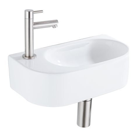 QeramiQ Fuente Ensemble lave-mains - 40x21.5x12cm - gauche - lisse - demi-rond - 1 trou de robinet - céramique - robinet lave-mains inox brossé - (1/5)