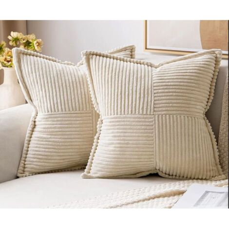 Corduroy Cushion Covers, Set of 2 Covers 45x45 cm, Soft Patchwork Decoration for Sofa and Bedroom (Beige) (1/3)