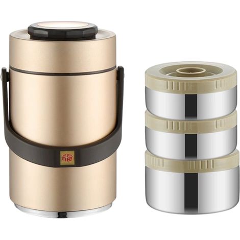 Thermos pour aliments chauds, récipient alimentaire empilable de 2 litres à 3 niveaux, isotherme, étanche et portable (doré)