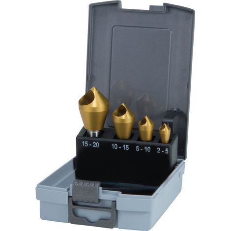 RUKO Jeu de fraises coniques à chanfreiner et à ébavurer avec trou transversal 4 pces HSS-TiN en cassette plastique - 102312TRO (1/3)