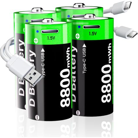 Piles D Rechargeable, 8800mWh au Lithium D cellules avec Charge USB-C, 1,5V LR20 D Taille Cellule de Rechargeables la Batterie pour Lampe de Poche (Lot de 4) (1/5)