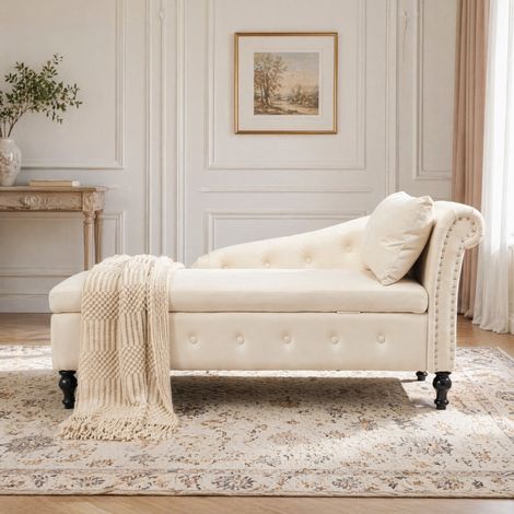 Canapé méridienne avec rangement velours beige OKMYHOME (1/5)