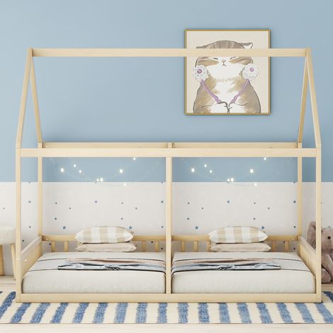 Letto per bambini stile casetta 2 in 1 90x200 cm naturale, in pino e MDF, con sponde di sicurezza (1/5)