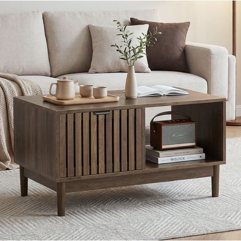 Tavolino da caffè 80 x 50 x 45 cm con contenitore, stile mid-century, noce DESVIAE (1/5)