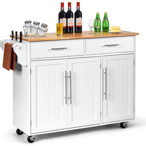 COSTWAY Carrito de Cocina con Cajones y Puerta Aparador con Ruedas Carro de Servicio de Madera Blanco (1/5)