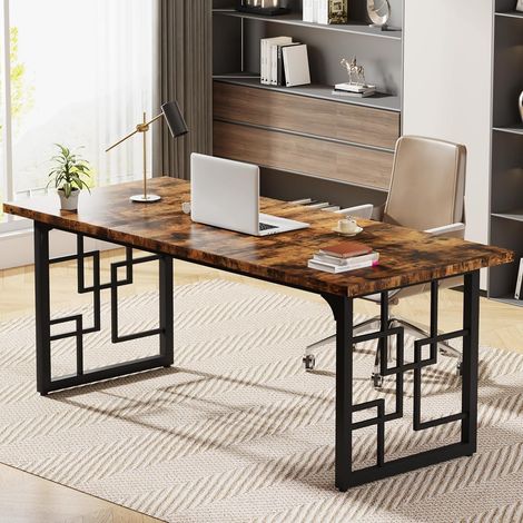 Tribesigns – Bureau droit 160 cm en MDF E1 et métal – Design industriel marron vintage – Espace de travail ergonomique avec repose-pieds réglables