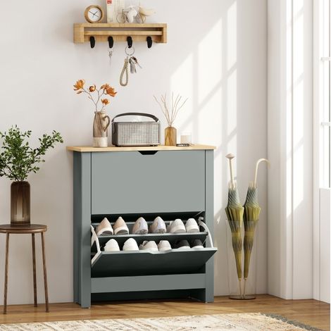Meuble à chaussures 72x26x80 cm en bois gris clair, gain de place pour entrée FloraGrace (1/5)